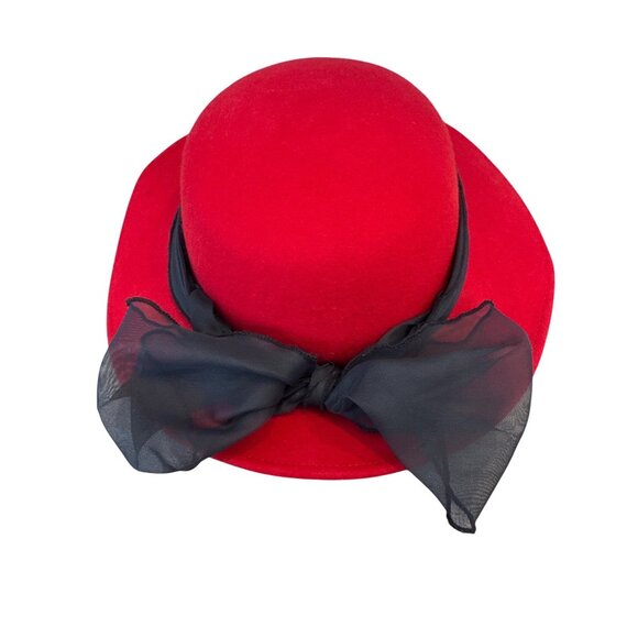 Vintage Red Wool Felt Hat Black Sheer Ribbon Bow XS Made in USA - Picture 1 of 8